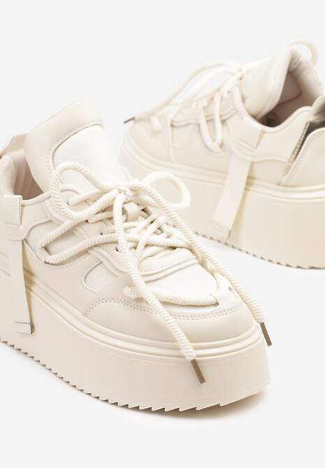 Beżowe Sneakersy na Platformie Ozdobione Sznurowaniem Vilvia
