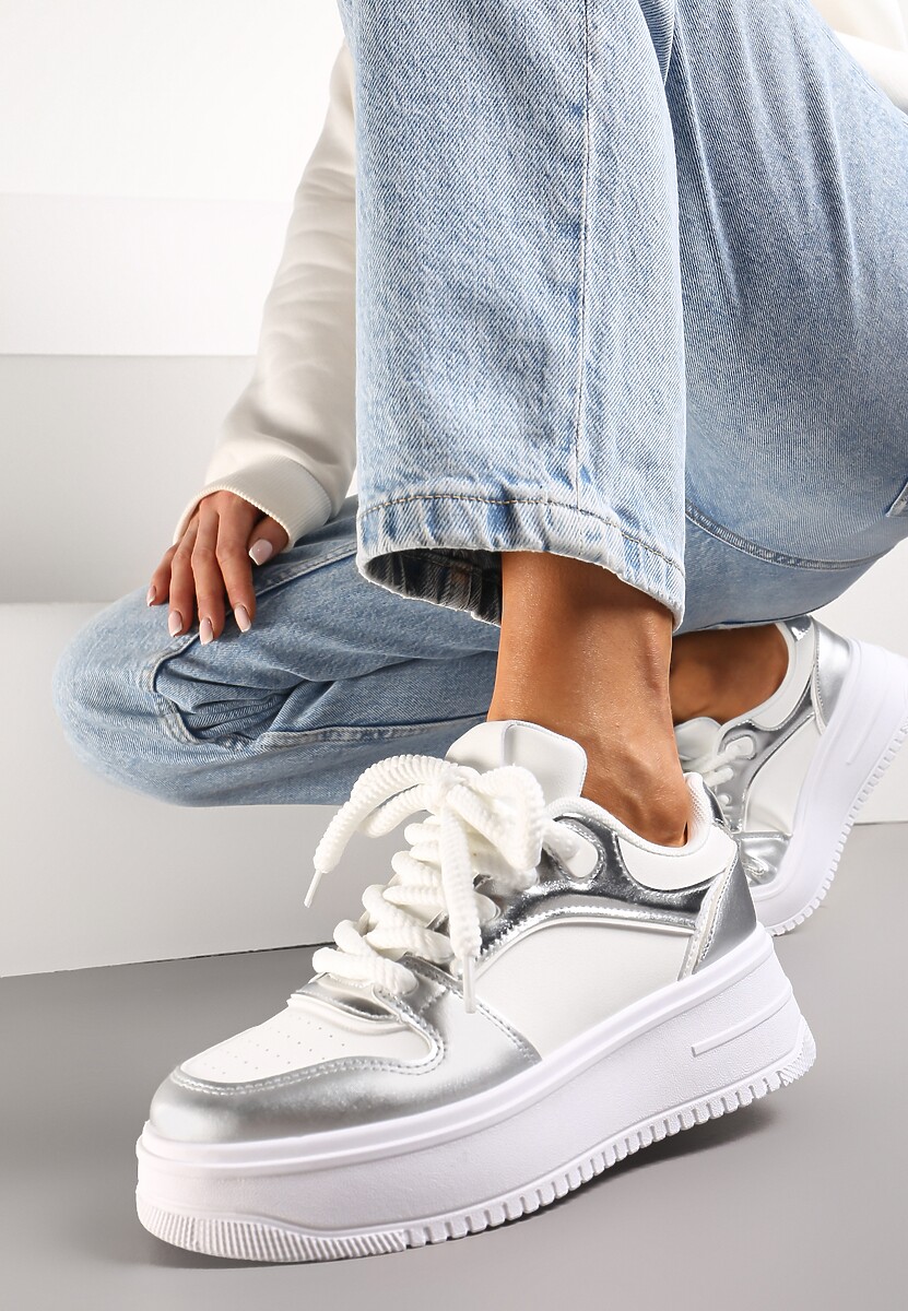 Biało-Srebrne Sneakersy z Cholewką z Licznymi Wstawkami na Grubej Podeszwie Lenarise