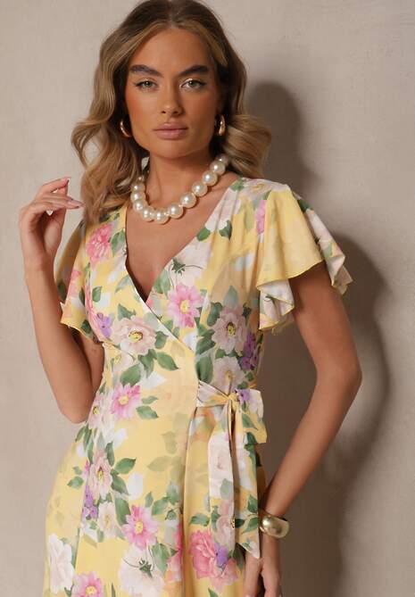 Żółta Kopertowa Sukienka w Kwiaty Atesalia