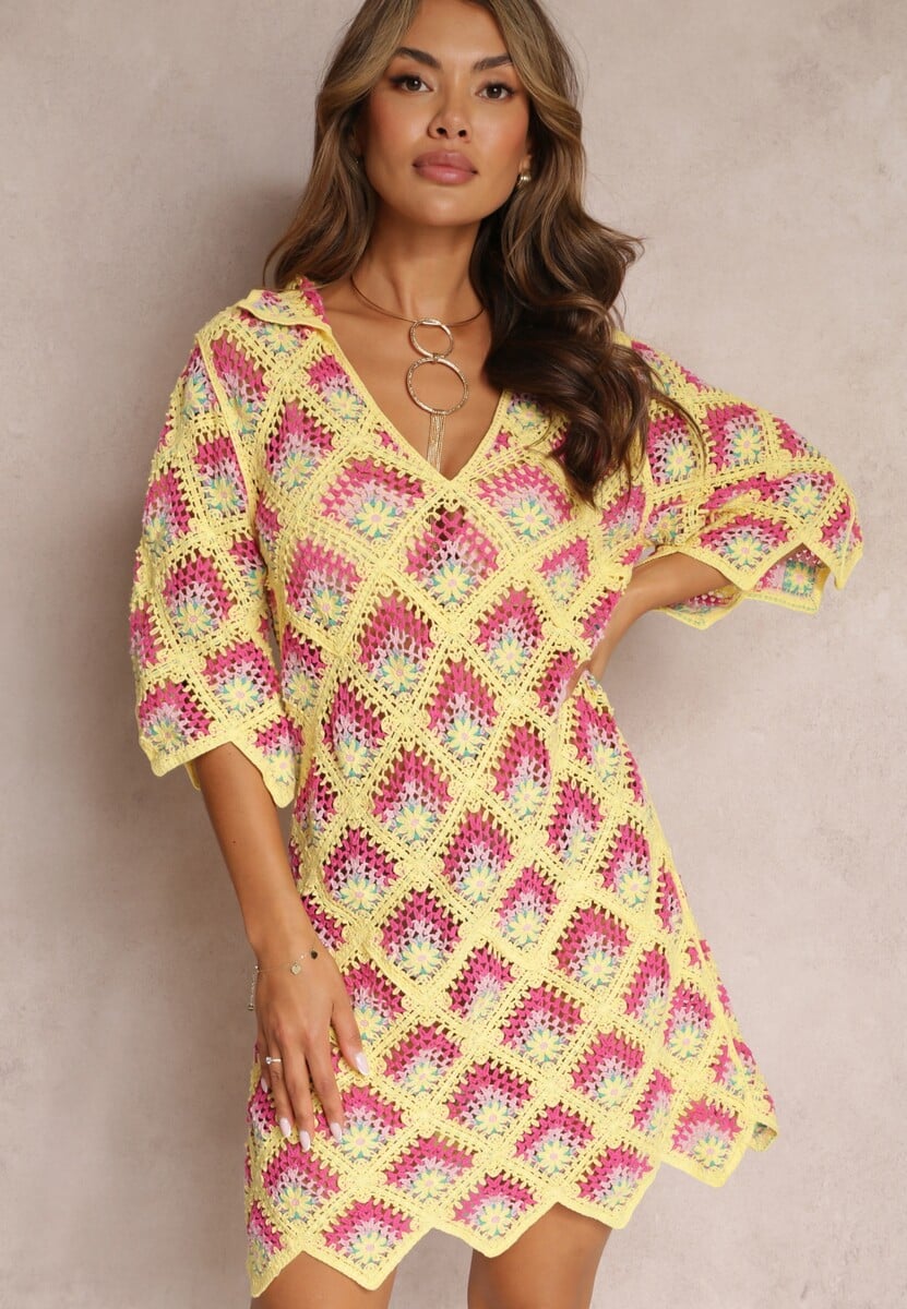 Beżowo-Zielona Szydełkowa Sukienka z Głębokim Dekoltem i Krótkim Rękawem z Bawełny Achla