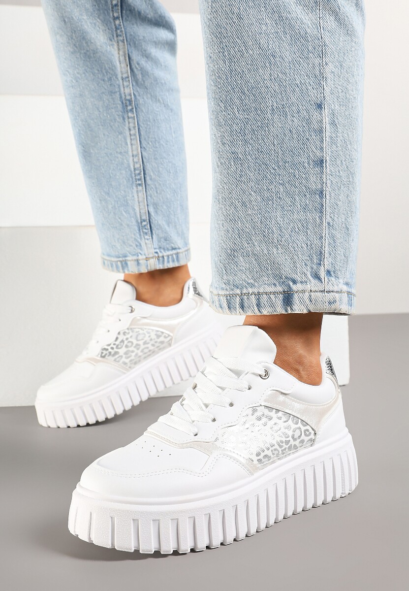 Białe Sneakersy na Platformie z Tłoczeniem Ozdobione Panterką i Perforacją Udivaya