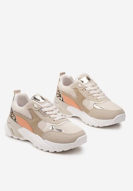 Ciemnobeżowe Sneakersy z Metalicznymi i Siateczkowymi Wstawkami Efalia