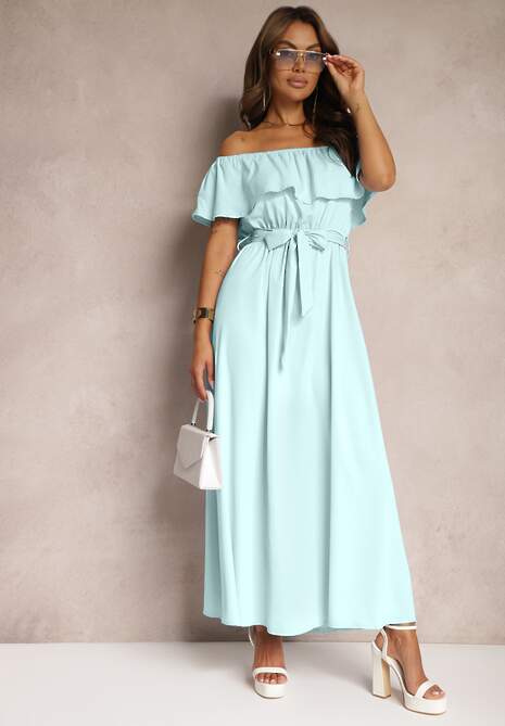 Miętowa Sukienka z Hiszpańskim Dekoltem i Dodatkiem Bawełny z Gumką i Paskiem w Talii Vimasine