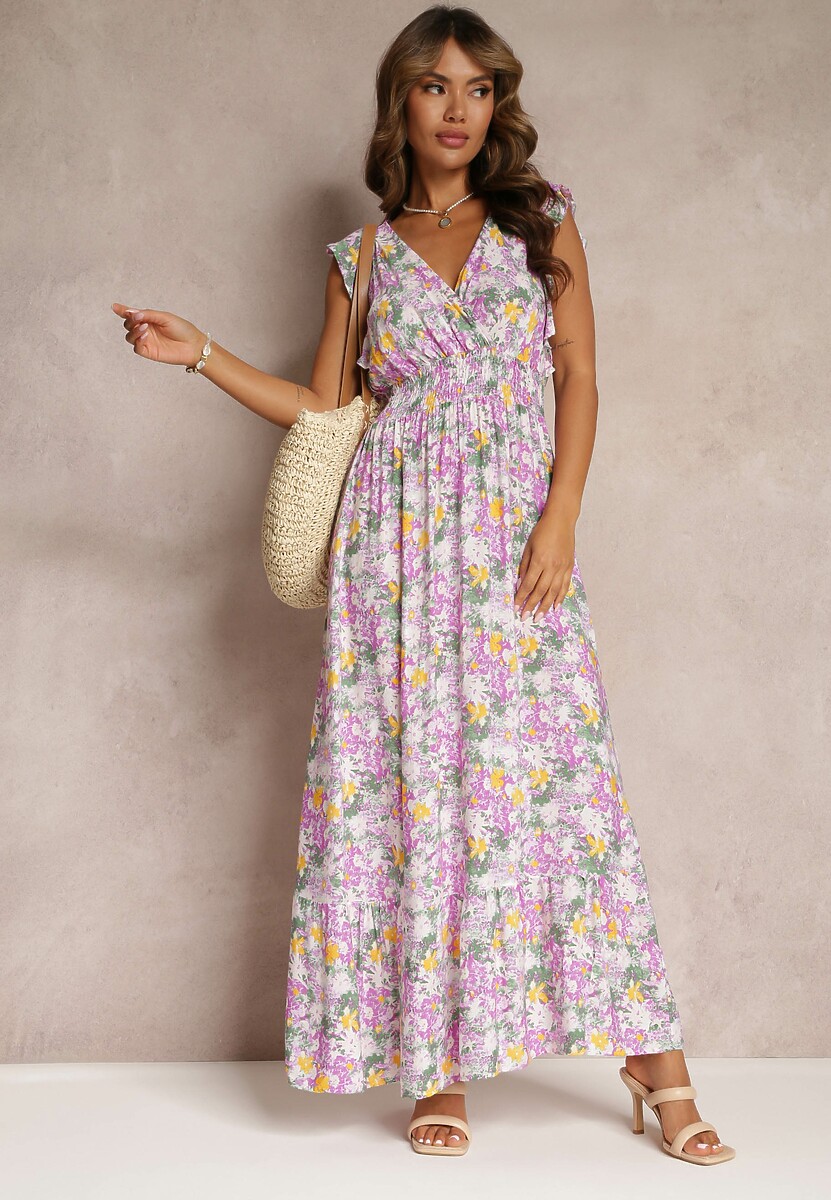 Fioletowa Wiskozowa Rozkloszowana Sukienka z Gumką w Talii Jasa