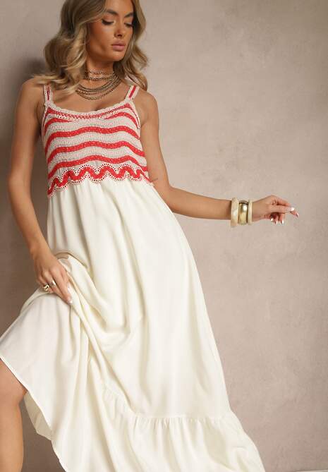 Beżowa Wiskozowa Sukienka z Haftami na Ramiączkach o Rozkloszowanym Kroju Efralisse