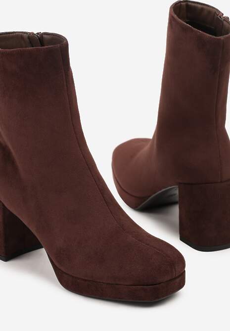 Brązowe Botki Vices na Platformie i Słupku Ozdobione z Kwadratowym Noskiem Faleanna