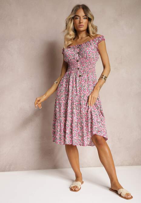 Różowa Taliowana Sukienka Bawełniana o Rozkloszowanym Kroju z Gumką w Pasie Nelyssa