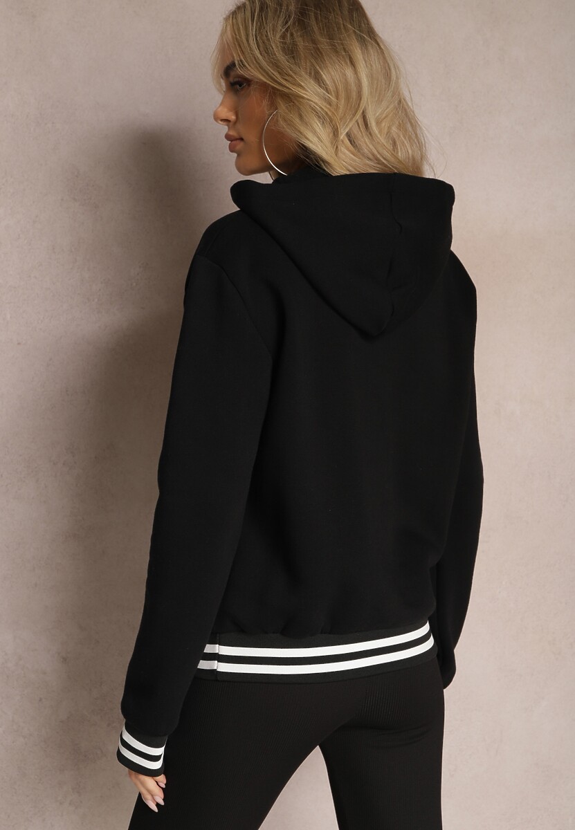 Czarna Bluza Kangurka z Bawełny ze Ściągaczami w Paski i Kapturem Gaiana