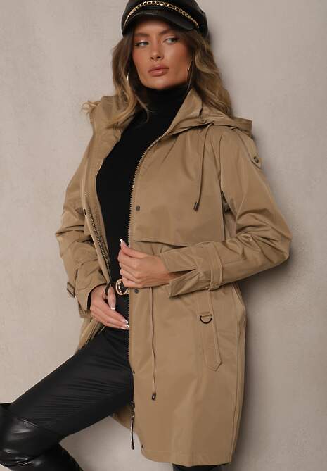 Ciemnobeżowy Płaszcz Kurtka Parka  z Kapturem i Ściągaczem w Talii Verfia