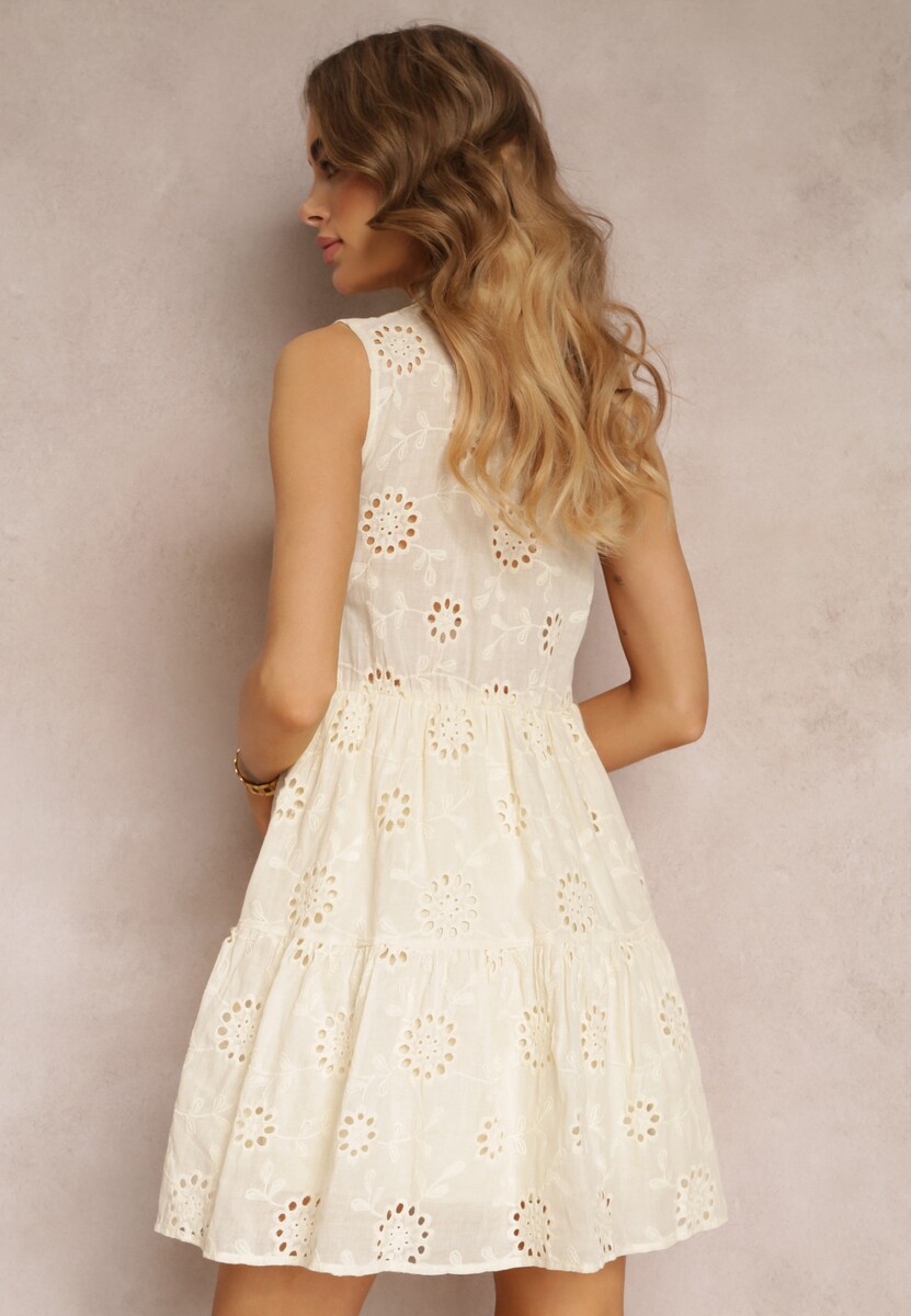 Beżowa Sukienka z Gumką w Talii z Haftem i Cekinami Inetake