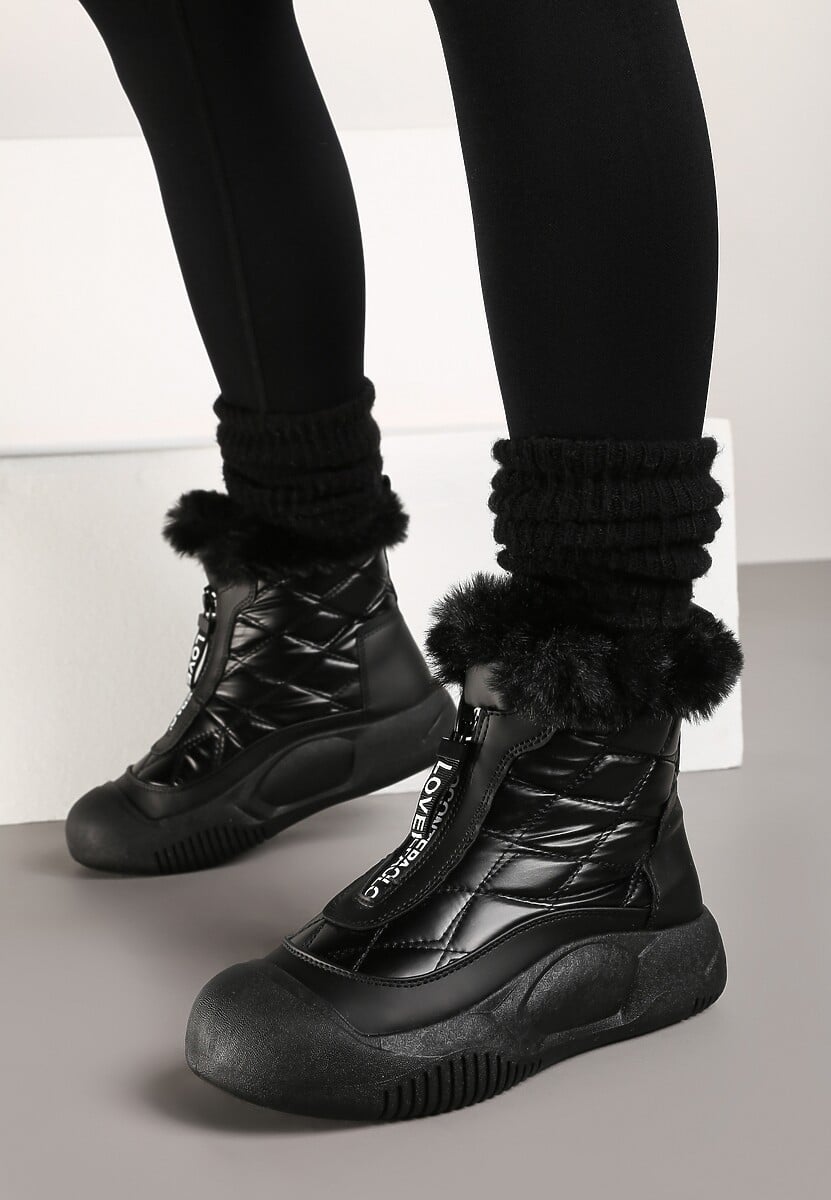 Czarne Śniegowce Vices na Platformie z Pikowaną Cholewką i Futerkiem Gemitana