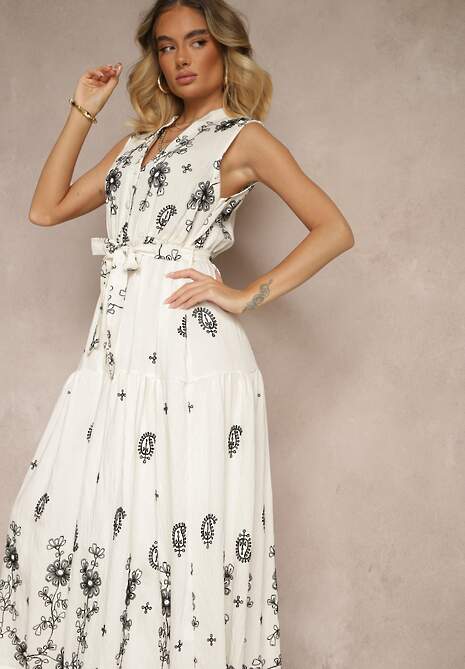 Biała Sukienka Bez Rękawów z Koszulową Górą Ozdobiona Haftem Mepiora