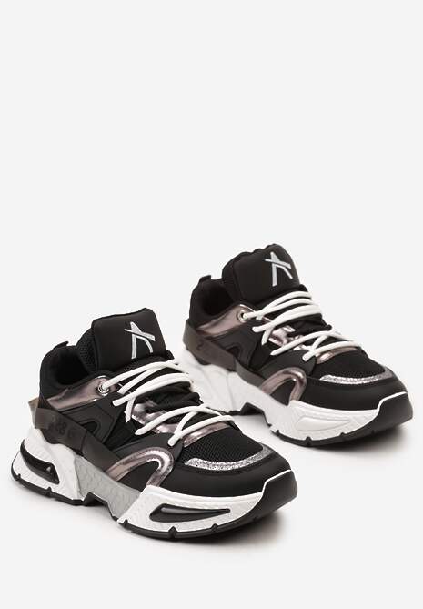 Czarne Nowoczesne Sneakersy z Grubą Podeszwą i Sznurowaniem Silika