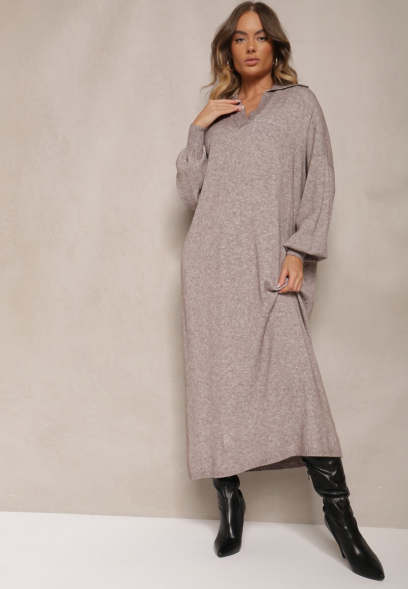 Beżowa Sweterkowa Sukienka z Wiskozą o Pudełkowym Kroju Ozdobiona Kołnierzykiem Clarinnae