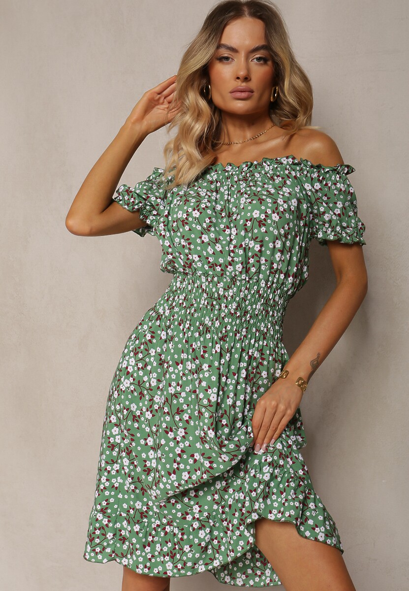 Zielona Bawełniana Sukienka Midi Hiszpanka z Gumką w Pasie Dnise