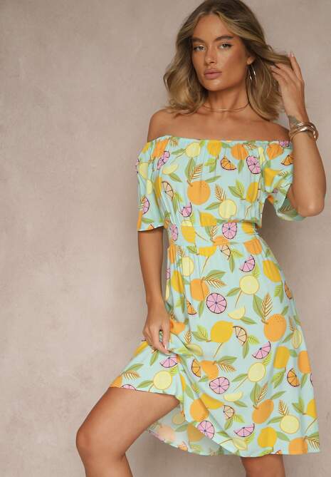 Jasnoniebieska Sukienka Typu Hiszpanka z Bawełną ze Wzorem Cytrusów Aprona