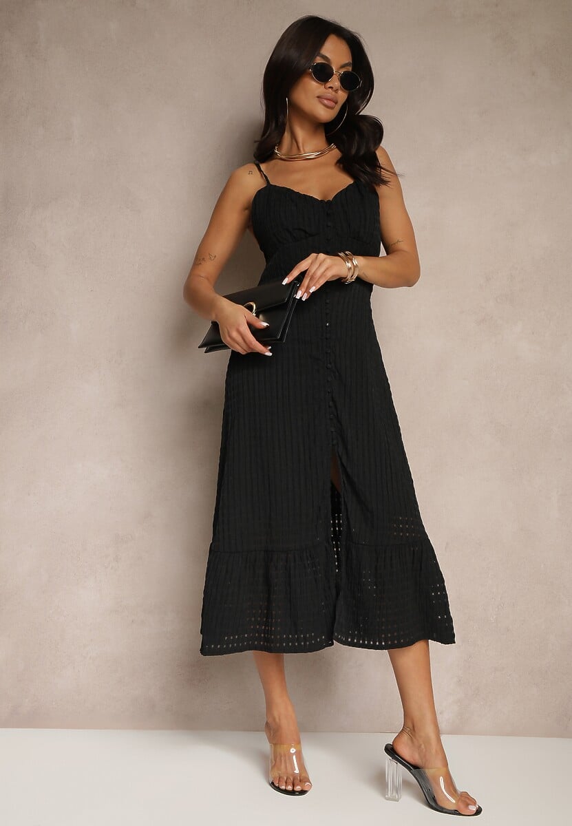 Czarna Rozkloszowana Sukienka z Wiskozą na Cienkich Ramiączkach z Guzikami Efrisela