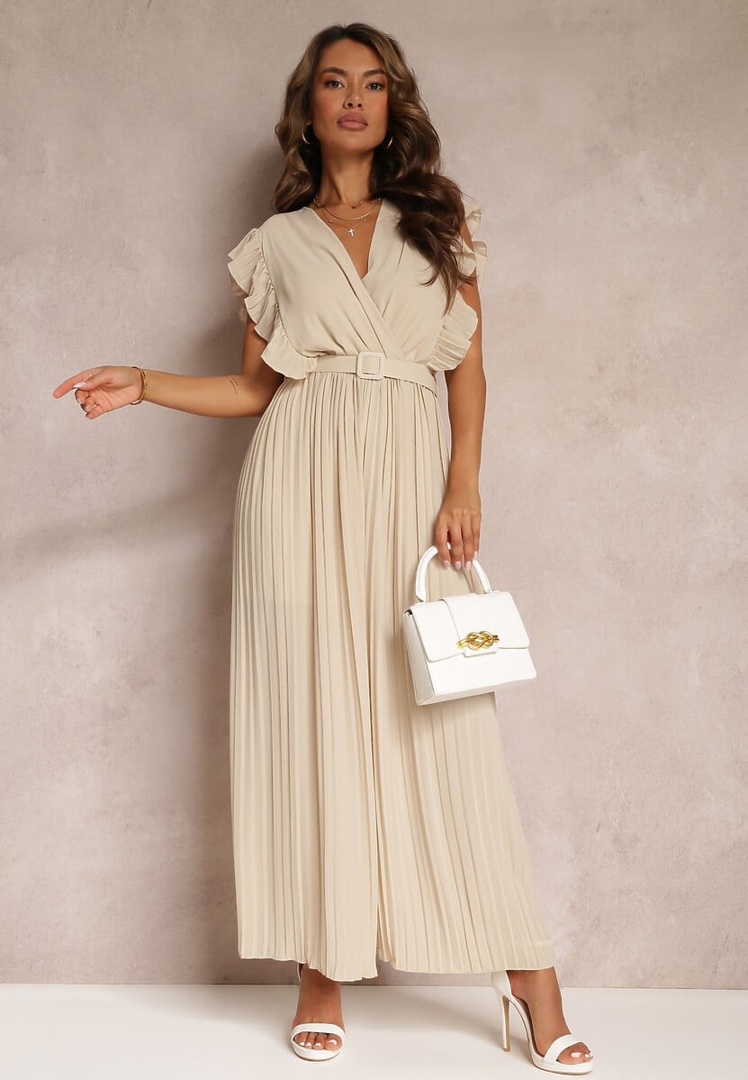 Beżowy Plisowany Kombinezon z Falbankami i Szerokimi Nogawkami Jarina