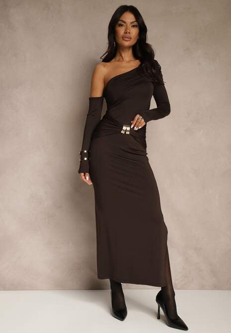 Brązowa Sukienka z Wiskozą Aplikacją Marszczeniem i Wywiniętym Dekoltem Reilenna