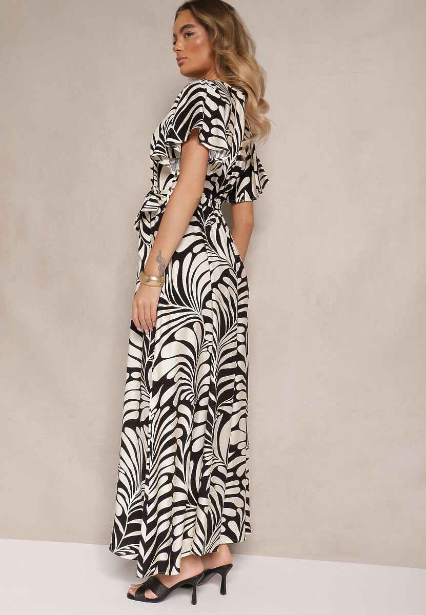 Czarna Kopertowa Sukienka z Wiskozy Zdobiona Printem z Motywem Roślinnym Dinea