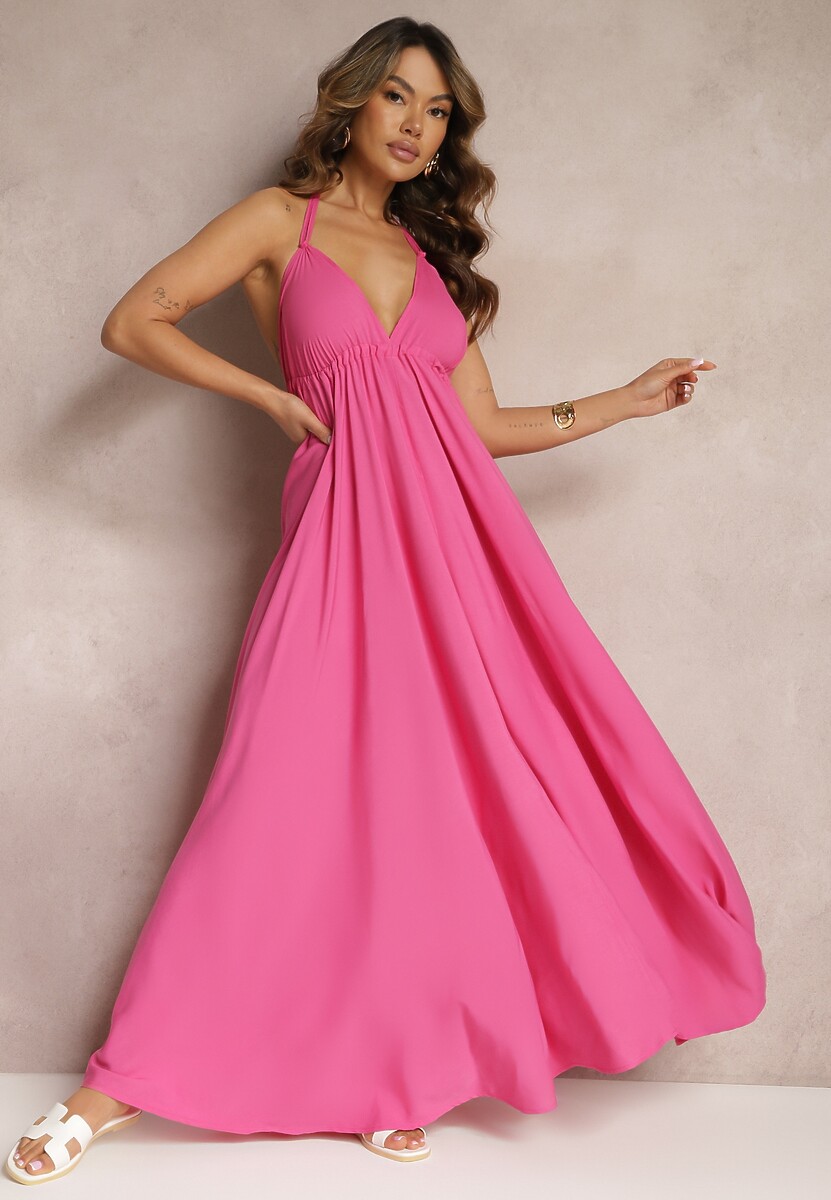 Zielona Rozkloszowana Sukienka Wiązana na Szyi i Plecach z Wiskozy Weilin