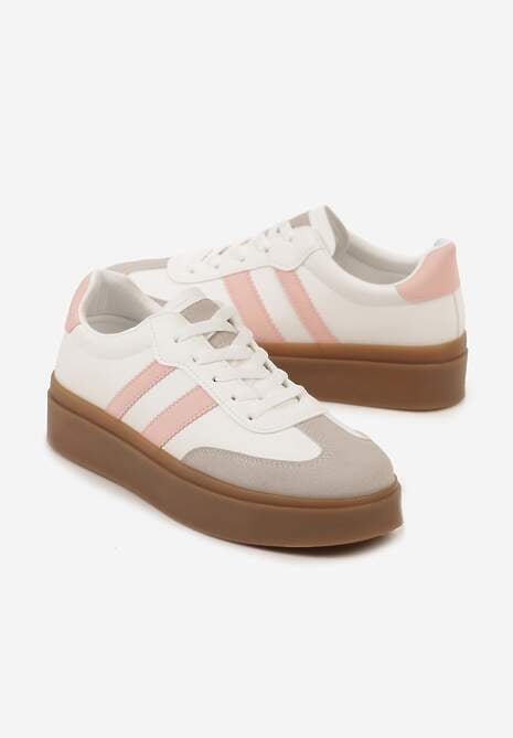 Biało-Różowe Sneakersy na Kauczukowej Podeszwie Ozdobione Paskami Nilimea