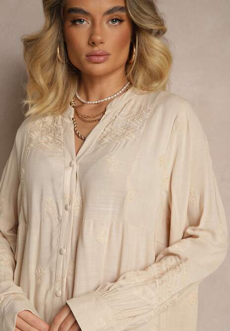 Beżowa Rozkloszowana Sukienka Ozdobiona Haftem i Wzorem Boho Ronavere