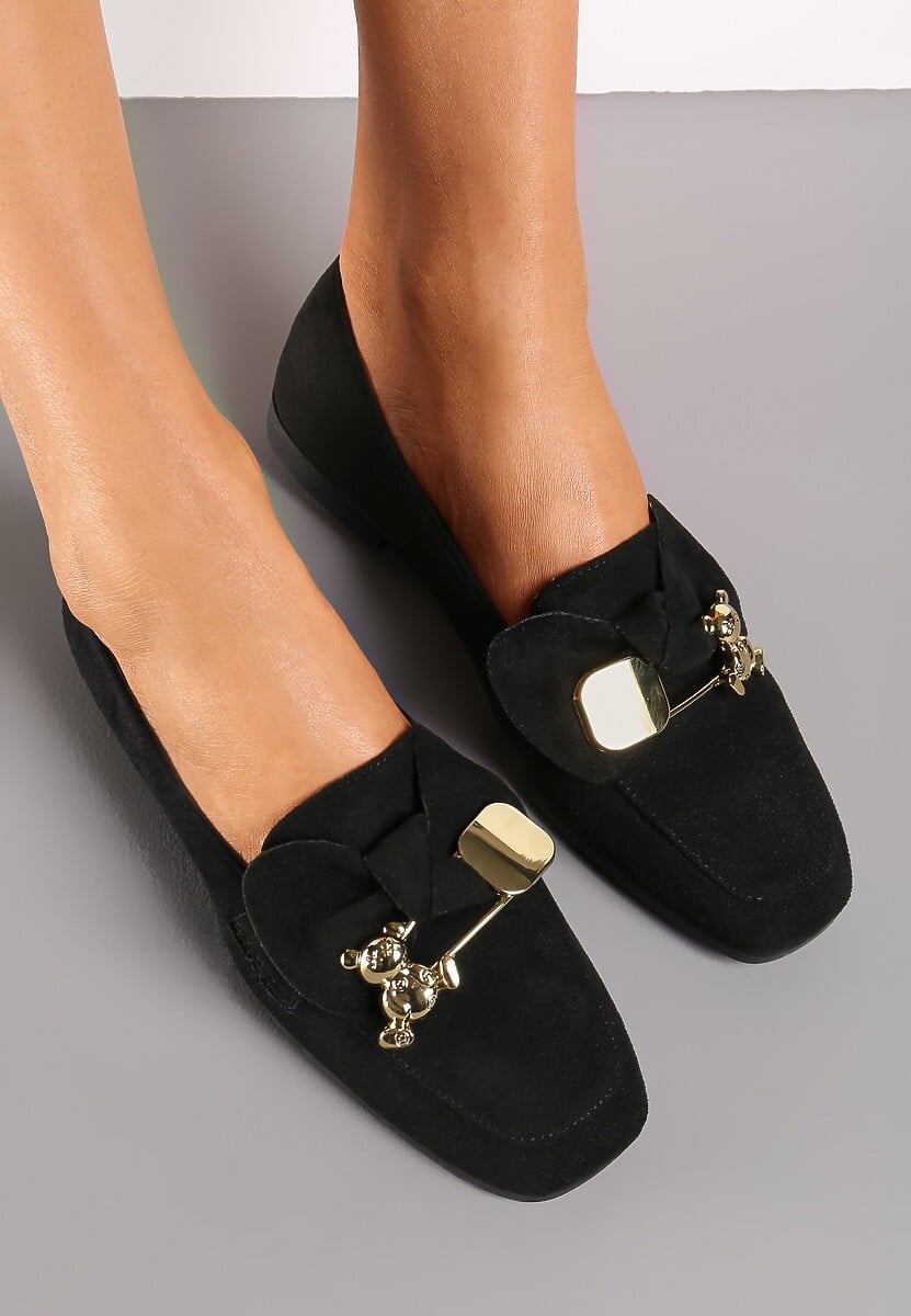 Złote Mokasyny z Ekozamszu Ozdobione Kokardą i Klamrą z Misiem Koralia