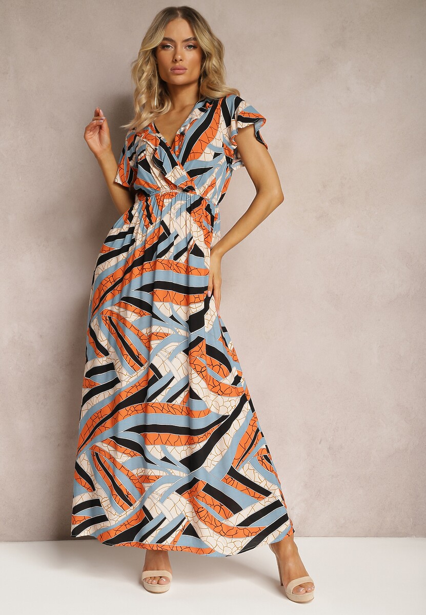 Pomarańczowa Rozkloszowana Sukienka z Wiskozy z Gumką w Talii i Abstrakcyjnym Wzorem  Pairella