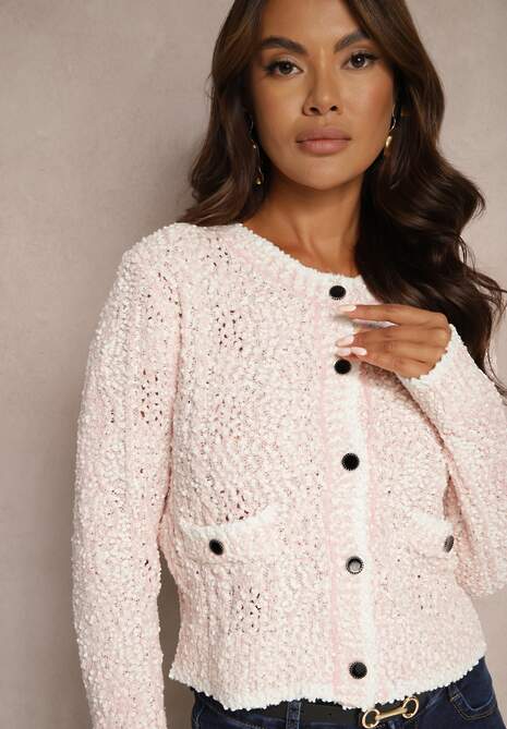 Różowy Kardigan Rozpinany z Wiskozą i Imitacją Kieszeni Lialisa