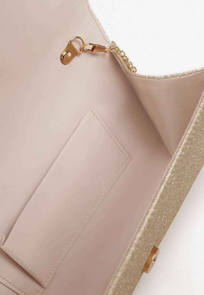 Złota Torebka Kopertówka z Łańcuszkiem Zdobiona Brokatem i Aplikacją Pasanna