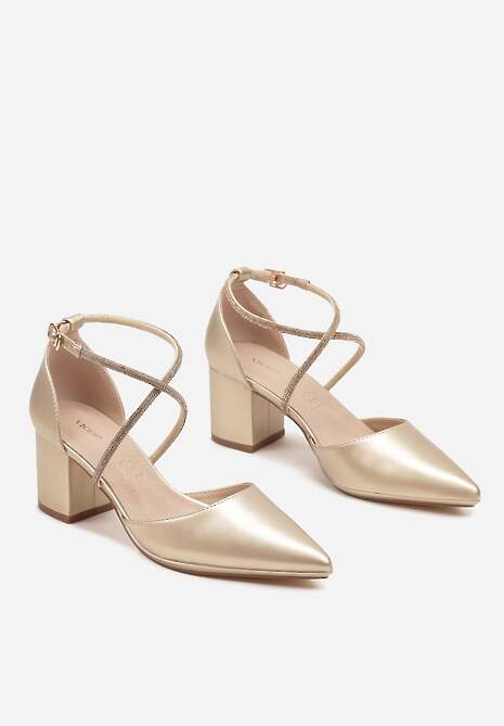 Złote Czółenka Vices z Wkładką ze Skóry Naturalnej Ozdobione Cyrkoniami Sintelittia