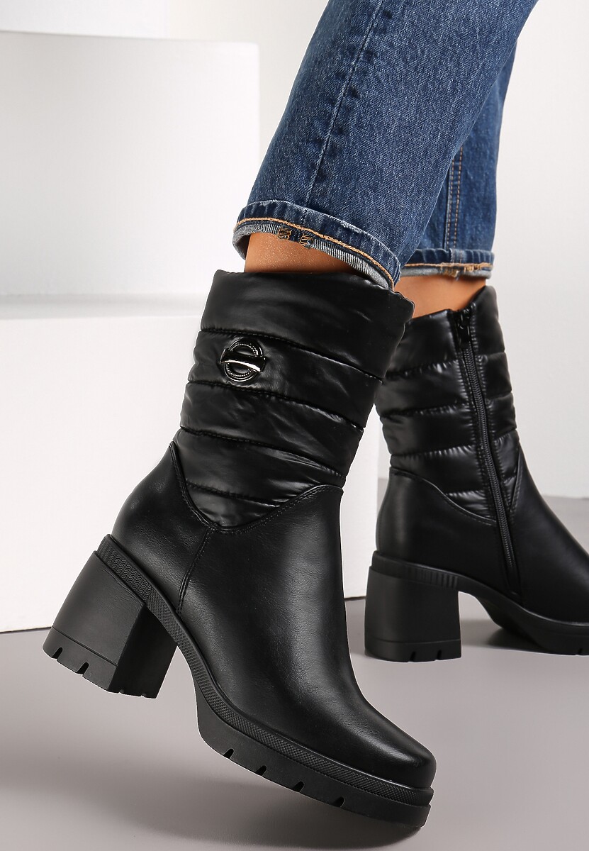 Czarne Botki na Obcasie Pikowane Fra