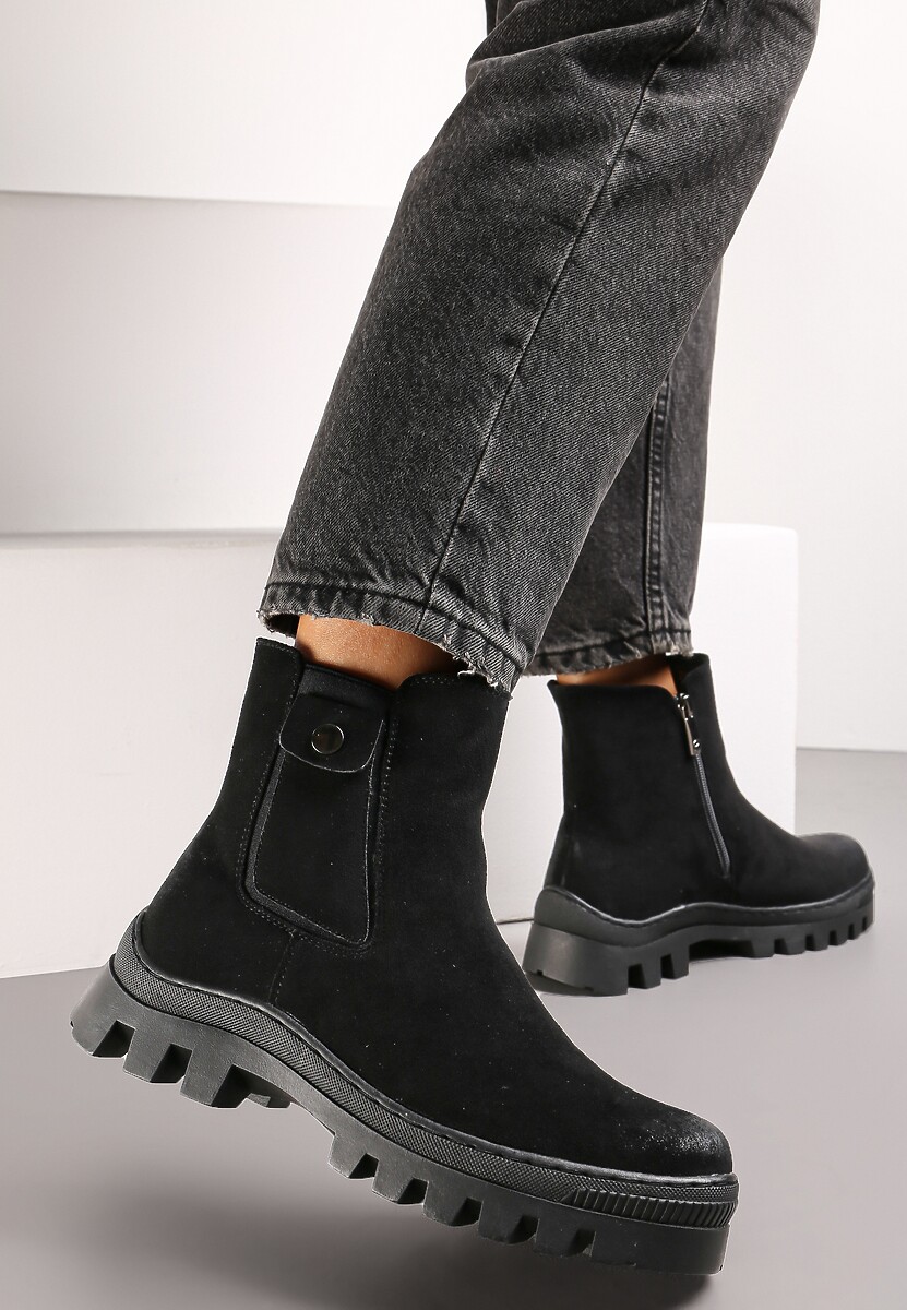 Czarne Botki Sztyblety z Ekozamszu na Grubej Podeszwie z Protektorem Alske