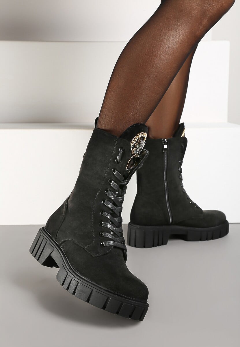 Czarne Sznurowane Botki w Stylu Workerów na Platformie z Tłoczeniem Ozdobione Cyrkoniami Ravetta