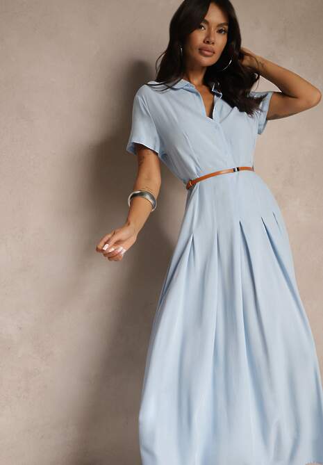 Niebieska Koszulowa Sukienka z Wiskozy z Cienkim Paskiem Filanella