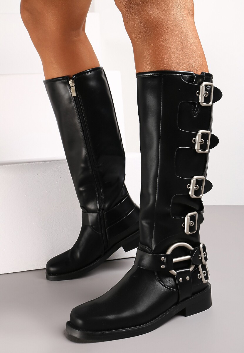 Brązowe Kozaki Biker z Ozdobnymi Klamerkami i Kwadratowym Noskiem Vivao