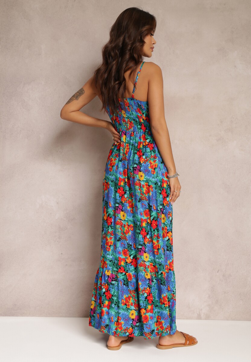 Niebieska Rozkloszowana Sukienka z Wiskozy w Kwiaty Eurena