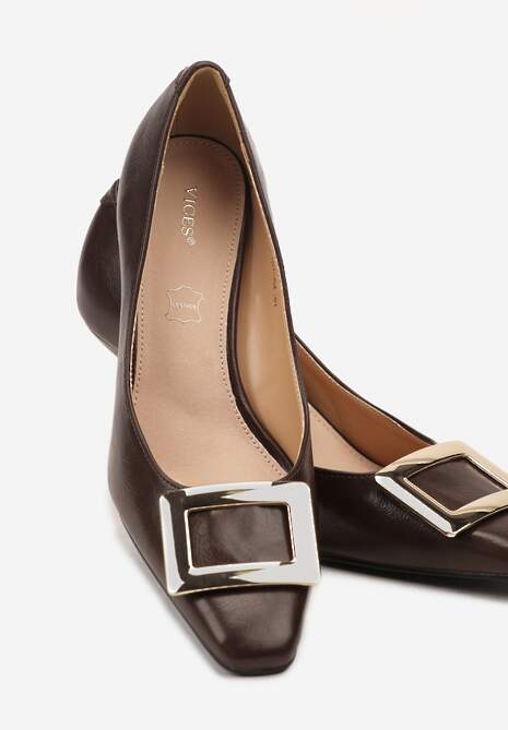 Brązowe Czółenka Vices ze Skórzaną Wkładką i Metaliczną Klamerką Berrine