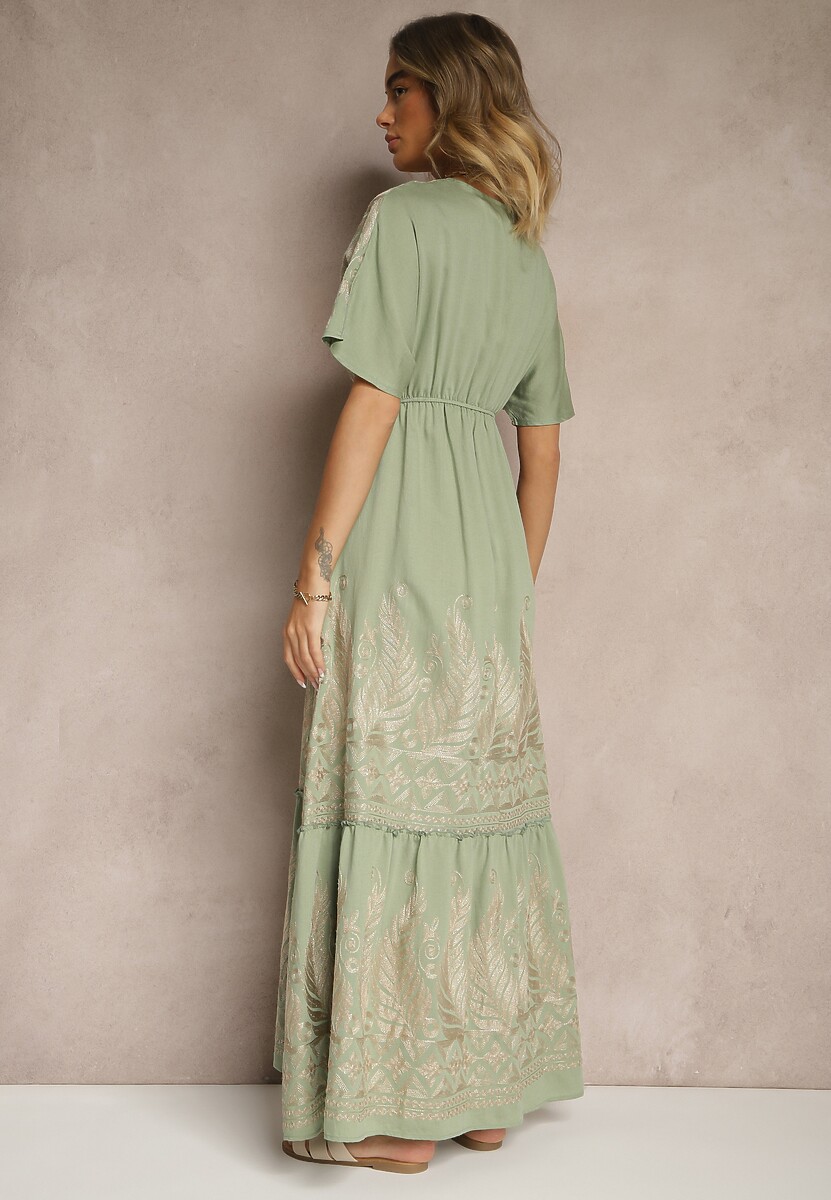 Zielona Wiskozowa Sukienka Kopertowym Dekoltem i Frędzlami Redevie