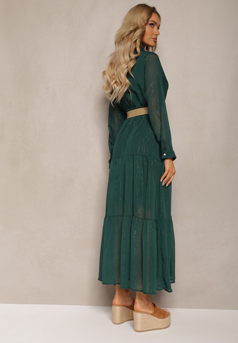Ciemnozielona Sukienka z Kopertowym Dekoltem i Plecionym Paskiem Velo