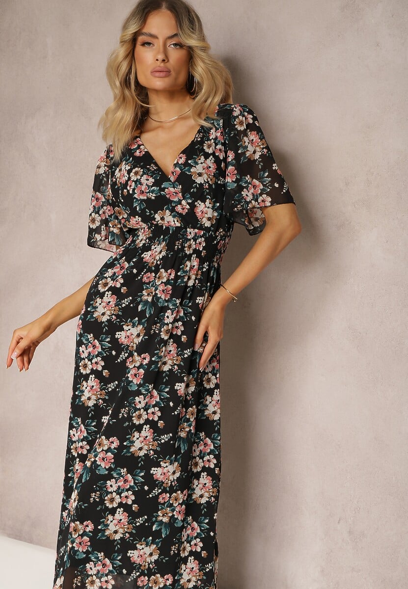 Czarna Sukienka z Wiązaniem na Plecach z Krótkim Rękawem i Metaliczną Nicią Mleada