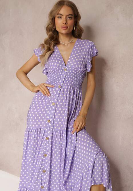 Fioletowa Rozkloszowana Sukienka Maxi w Kropki z Gumką w Talii Janey