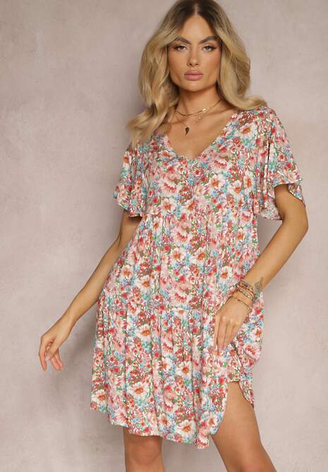 Różowo-Beżowa Wiskozowa Sukienka o Rozkloszowanym Fasonie z Guzikami i Odkrytymi Plecami Watella