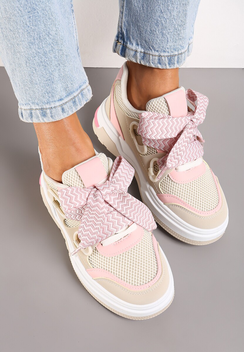 Beżowo-Różowe Sneakersy na Grubej Podeszwie z Ozdobnymi Sznurówkami Zeldema
