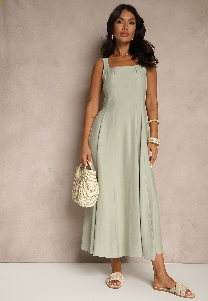 Zielona Rozkloszowana Sukienka z Wiskozy Ozdobiona Kwadratowym Dekoltem Avledia