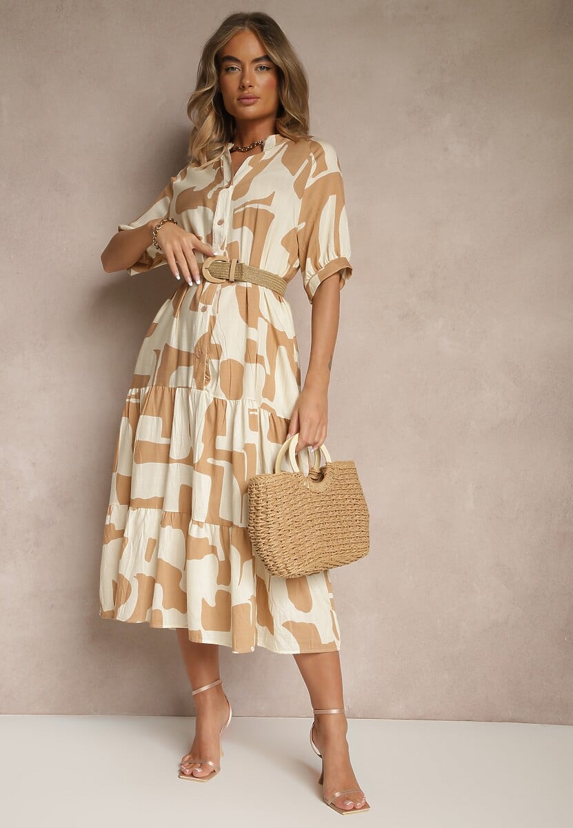 Beżowa Sukienka z Wiskozy Ozdobiona Geometrycznym Motywem Filorea