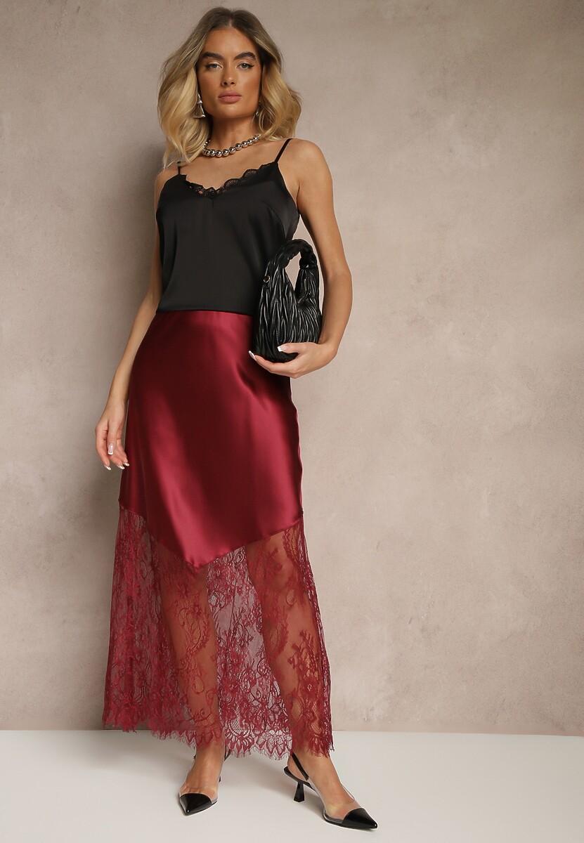 Bordowa Koktajlowa Spódnica z Satyny z Koronką Avelori