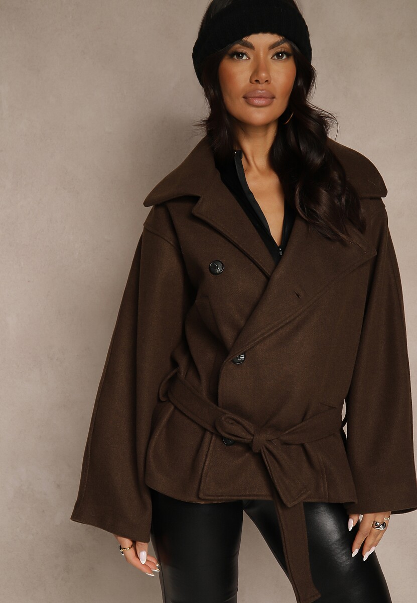 Brązowy Pudełkowy Krótki Płaszcz z Wiskozą z Wiązanym Paskiem i Kołnierzykiem Tusainea
