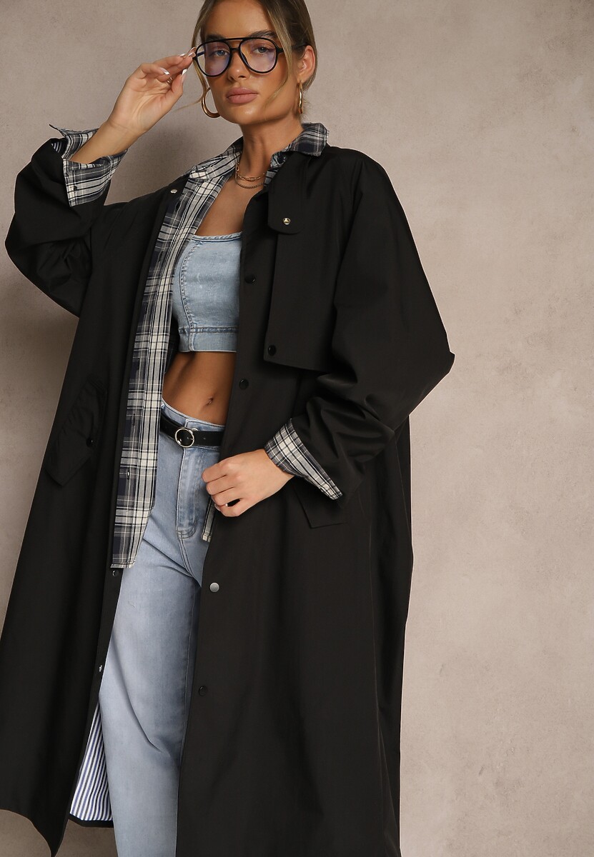 Czarny Płaszcz w Stylu Trencza Vintage z Asymetryczną Zakładką i Paskiem Davivellea